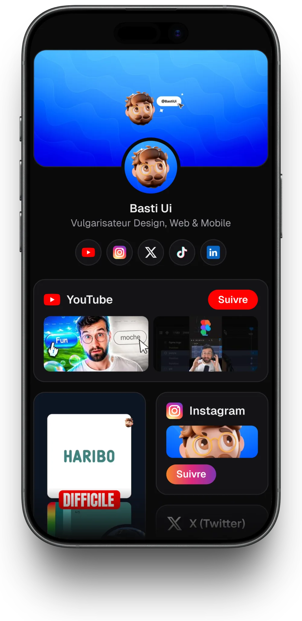 La page bio de Basti Ui dans un iPhone